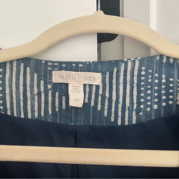 Eileen Fisher Hand-Printed Indigo Organic Cotton Round Neck Jacket Blue - Picture 3 of 6